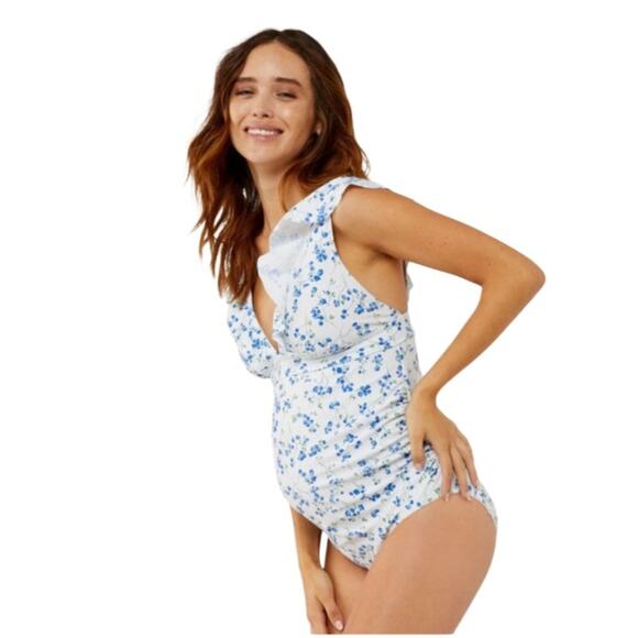 A Pea in the Pod Ruffled Maternity One Piece Floral Swimsuit Medium Blue L NWT - Picture 6 of 8